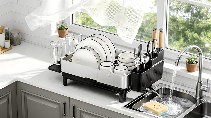 Dish Drying Rack, 304 Stainless Steel Dish Racks for Kitchen Counter | Dish Drainers with Automatic Drainage, Utensil Holder & Cups Holder, Space Saving Kitchen Organizer, Black
