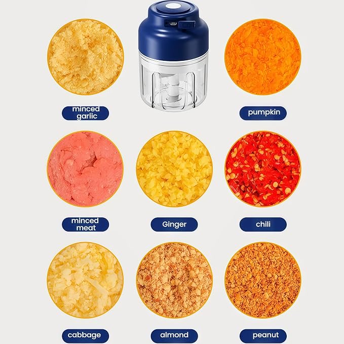 2026 Upgrade Electric Garlic Chopper Mini, 320 ml Small Garlic Chopper Mincer with 6 Stainless Steel Blades, Portable Rechargeable Cordless Chopper for Onion,Chili,Ginger,Nuts,Meat & Fruits (Blue)