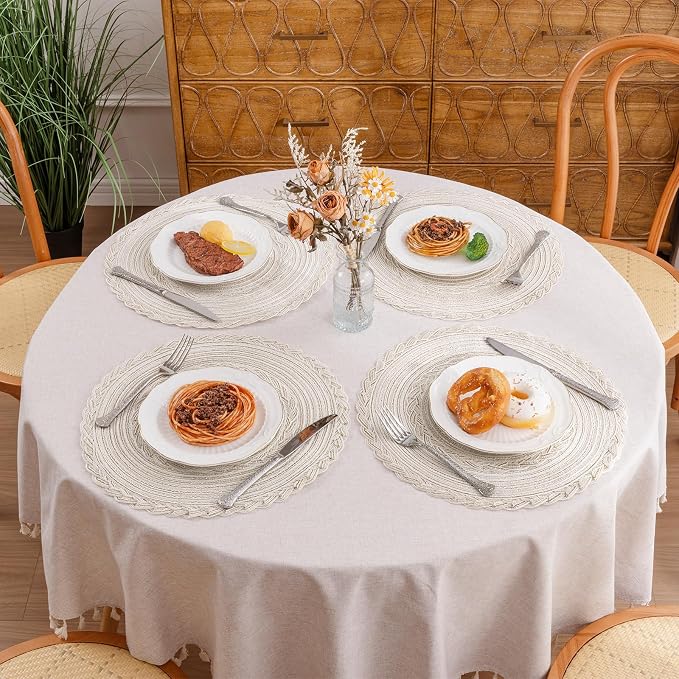 SHACOS Round Placemats Set of 4 Boho Braided Border Table Place Mats for Dining Table Wedding Holiday Party (Ivory Bordered, 4)