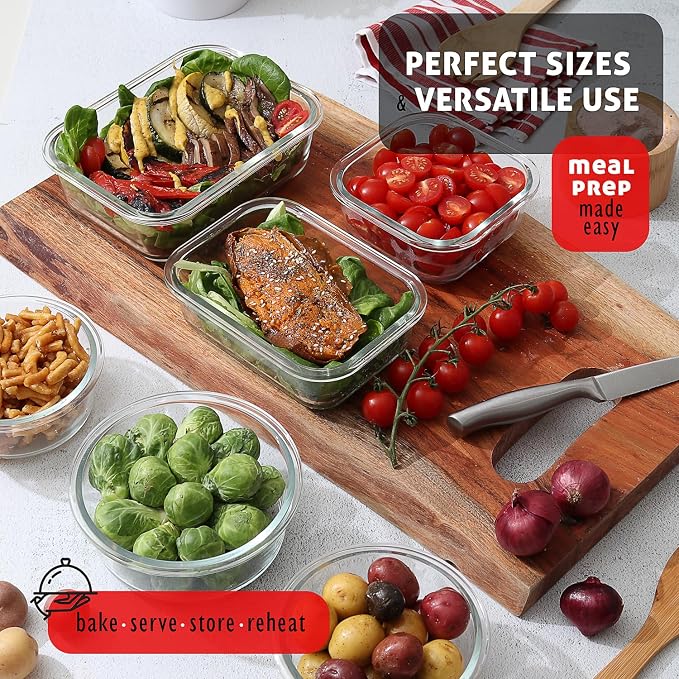 Nestl 24pc Glass Storage Containers with Lids, 12 Glass Food Storage Containers with 12 Airtight Lids for Pantry & Kitchen, Meal Prep Containers for Lunch, Oven Microwave & Dishwasher Safe, Cream