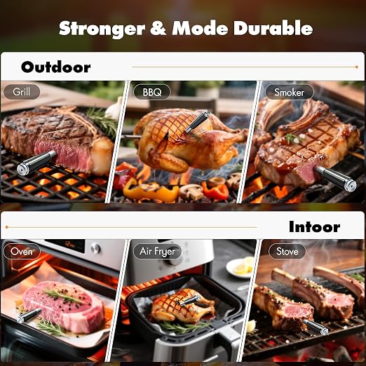 Bluetooth Wireless Meat Thermometer with 2 Ultra-Thin Probes, 700FT Long Range, 1000F Heat Resistant, 0.5F Accuracy, App Controlled for iOS/Android - Ideal for BBQ, Grill, Oven, Smoker