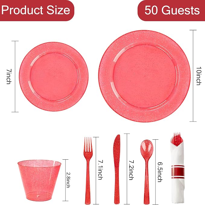 DaYammi 210PCS Red Glitter Plastic Dinnerware Set for 30 Guests, Fancy Disposable Plates for Party, Include: 30 Dinner Plates, 30 Dessert Plates, 30 Pre Rolled Napkins with Red Silverware, 30 Cups