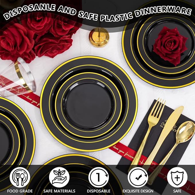GATHER 350PCS Black Plastic Plates with Gold Rim for Wedding Party | Black and Gold Disposable Dinnerware Set include 100 Plates, 150 Silverware, 50 Napkins, 50 Cups for Birthday Retirement