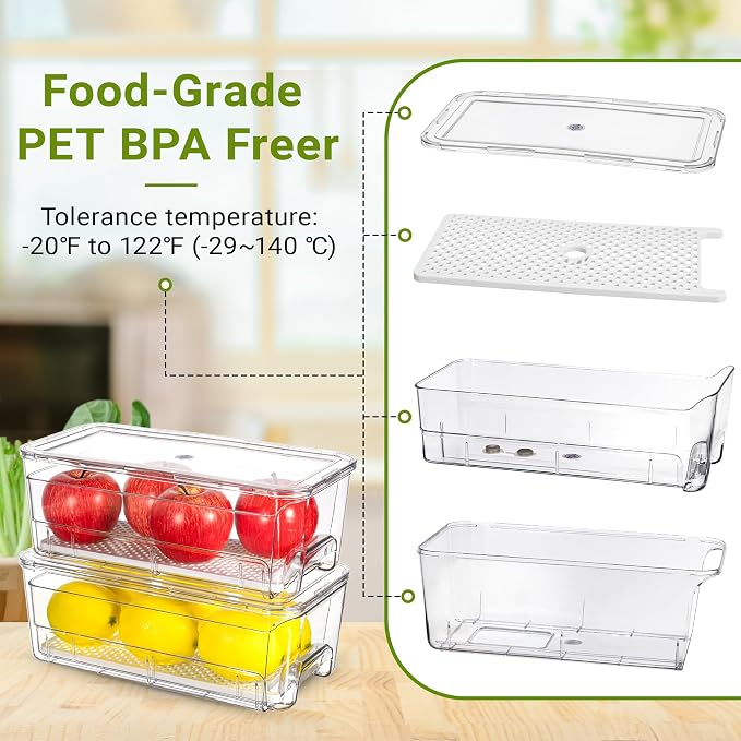 Imncya 3 Pack Fridge Organizer Bins, Refrigerator Organizers and Storage | Stackable Pull-Out, Refrigerator Drawers with Lids, Clear Design with Drain Tray, Fruits Vegetables Snack Storage Containers