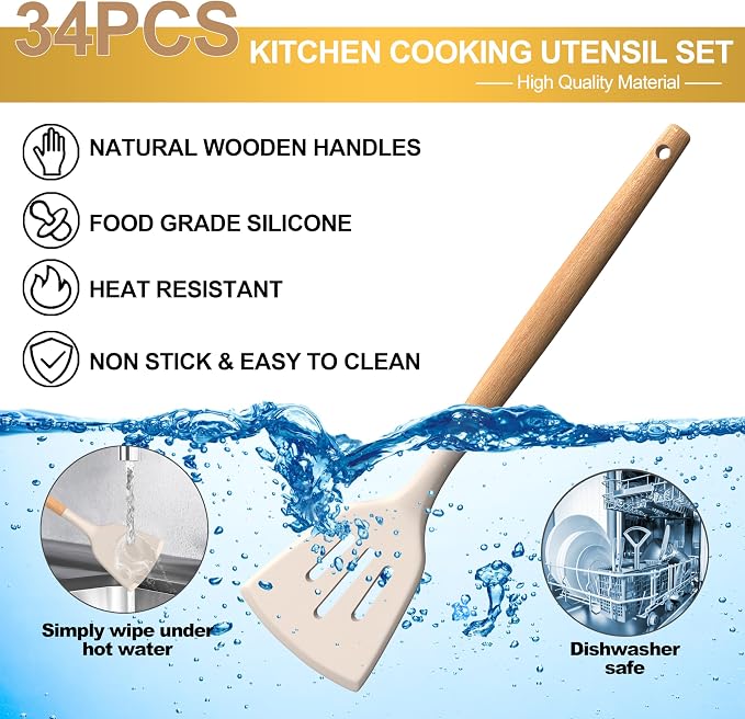 Silicone Cooking Utensils Set, 43Pcs Non-Stick Heat Resistant Kitchen Utensils Spatula Set with Wooden Handle for Baking, Cooking, and Mixing, Best Kitchen Gadgets Tools with Holder (Khaki)