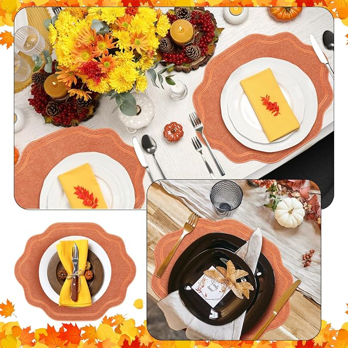 6 Pcs Orange Wedding Placemats Scalloped Embroidered Cotton Linen Placemats 17" x 13" Double Layered Machine Washable Table Place Mat for Party Table Decor (Cotton)