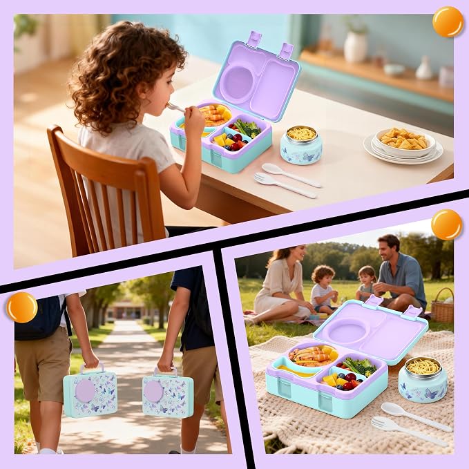 Bento Lunch Box for Kids Adult, Leakproof 3-4 Compartment Bento Box Set with Insulated Food Jar,Water Bottle, Lunch Bag, School Lunch Container for Toddler Teen Girls Boys Ages 3+(Butterfly)