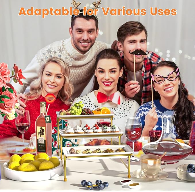 3 Tier Serving Tray, 15" Steel Stand, BPA Free Tiered Platter, Gold | Steel Frame, Sturdy & Stable. For Cookies, Veggie, Dessert & Fruit. Ideal For Parties & Weddings.