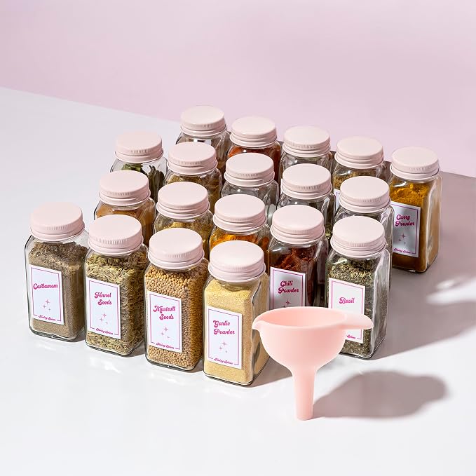 Paris Hilton Glass Spice Jar Storage Set, 4-Ounce Empty Spice Jars with Labels, Shaker Caps and Metal Lids, Collapsible Funnel Included, 20-Piece, Pink