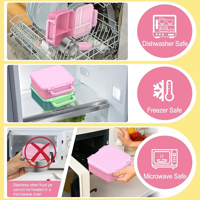 Bento Lunch Box for Kids with 9oz Thermo, Waterproof Kids Stickers, Leak-proof Lunch Containers with 3 Compartments,Kids-friendly Size,Durable/Dishwasher Safe Lunch Box for School Outdoors-Pink