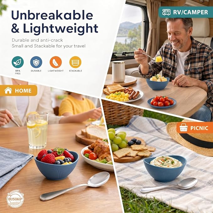 Snack Bowls Set of 6, Unbreakable Wheat Straw Bowls10oz, Small Prep Bowls for Ice Cream, Dessert, Yogurt, Salsa, Microwave & Dishwasher Safe Mini Serving Bowls for RV, Dorm - Blue