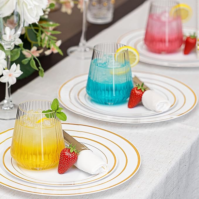 N9R 24PCS Plastic Wine Glasses Disposable,14 oz Cocktail & Spritz Glasses | Clear Stemless Champagne/Whiskey/Drinking Glasses, Elegant Origami Ripple, Shatterproof, for Parties, Weddings, Pool and Bar