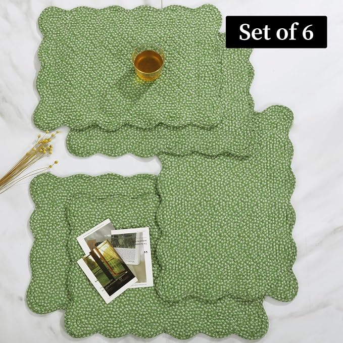 HOMBYS Quilted Placemats Set of 6 Washable-13x18 inches Rectangular Placemats for Kitchen Table-100% Cotton Fabric Rectangular Table Mats, (Green & Withe)
