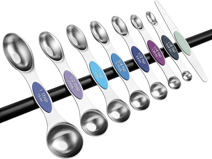 Spring Chef Stainless Steel 8 Magnetic Measuring Spoons Set, Winter Frost | Dual Sided Metal Teaspoon & Tablespoon Measuring Spoons with Leveler for Dry & Liquid Ingredients, Fits in Kitchen Spice Jars