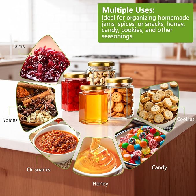 30 Pack 6 oz Glass Jars with Gold Lids - Airtight Hexagon Honey Jars | Jams, Spices, Baby Shower, Party & Wedding Favors - 180ml Food Grade Canning Jars for Small Business & DIY Crafts