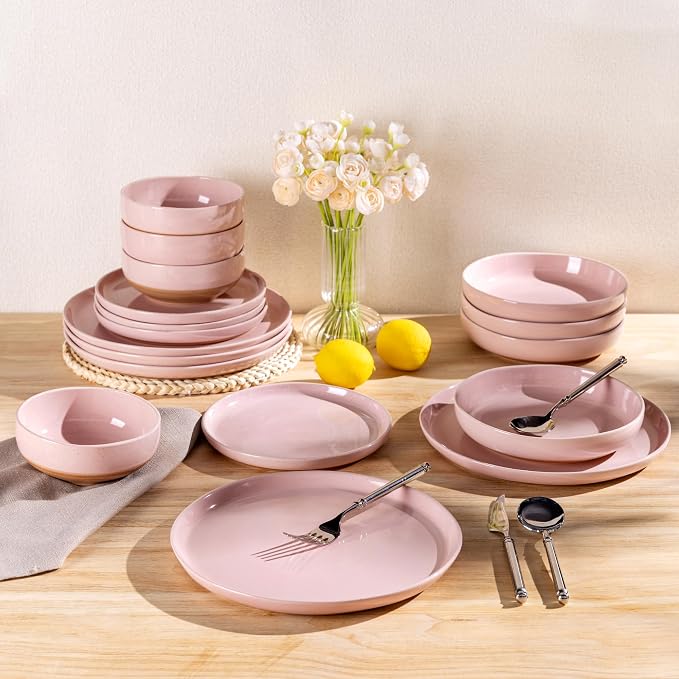 AmorArc Dinnerware Sets for 8, 24 Pieces Ceramic Plates and Bowls Set | Scratch Resistant Stoneware Dishes Set, Dishwasher & Microwave Safe, Cloud Pink
