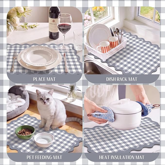 Gray Scalloped Gingham Coffee Mat 12" x 20" Absorbent Bar Mat | Gingham Espresso Matt with Non Slip Rubber Backing for Coffee Countertops