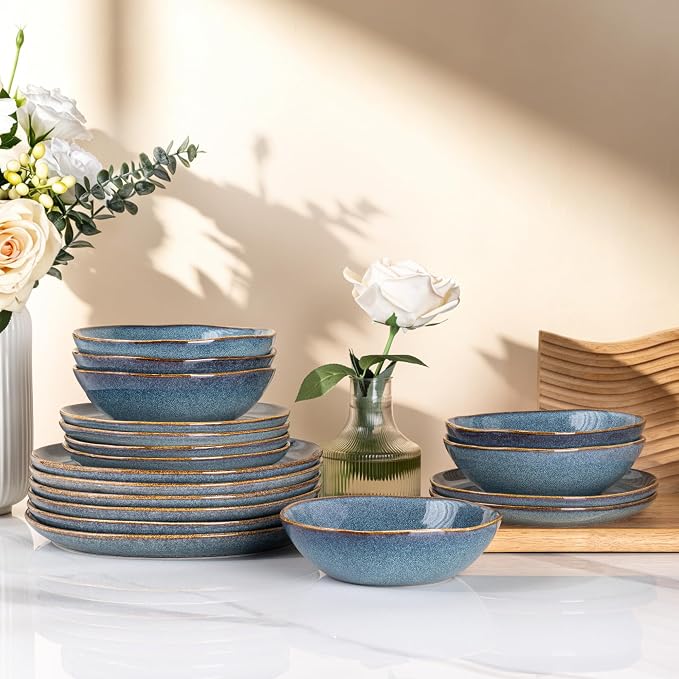AmorArc Ceramic Dinnerware Sets for 6, 18Pcs Plates and Bowls Sets Dishes | Stoneware Handmade Reactive Glaze Dinner Set, Highly Scratch Resistant | Dishwasher & Microwave Safe Dishware