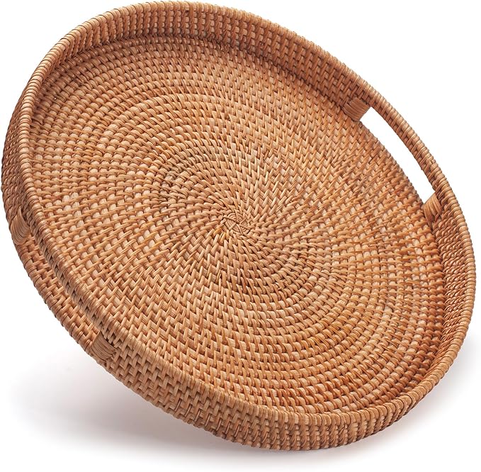 Rattan Large Serving Tray, Wicker Round Fruit/Bread Serving Basket, Extra Large Decorative Ottoman Tray for Living Room, Coffee Table, Breakfast, 16.9 inch