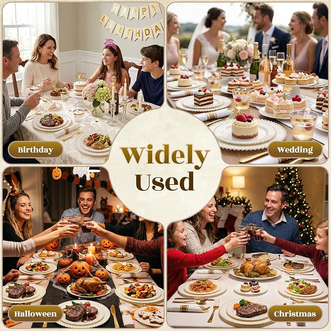 175pcs Plastic Dinnerware Set Ivory 25 Guests for Wedding | Fancy Beaded Plastic Plates Include 50 Elegant Plastic Plates,25 Cups and 25 Pre Rolled Napkins with Cutlery Set