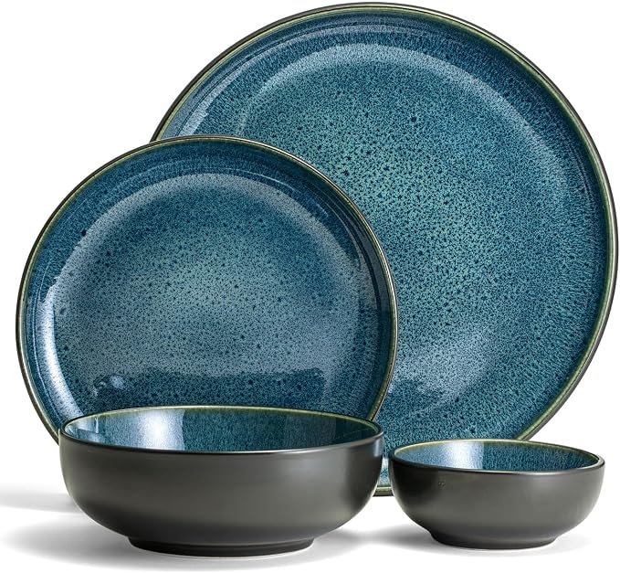 Sango 16-Piece Stoneware Dinnerware Set for 4, Glossy Black/Blue Big Dinner Plates and Bowls Sets with Reactive Glaze, Ceramic Dish Set, Modern Beautiful Dishes, Microwave & Dishwasher Safe, Resona