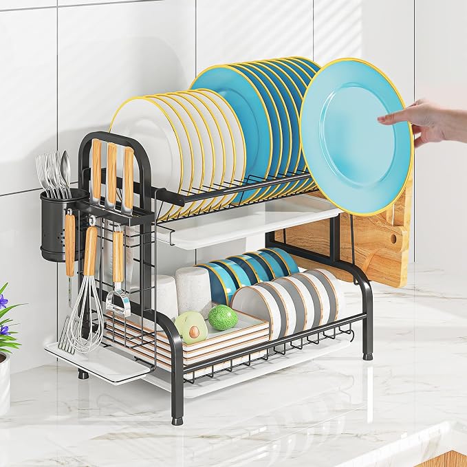2-Tier Stainless Steel Dish Drying Rack with Drainboard,Black | Small Kitchen counter Space Saver,rustproof stainless steel, 3 detachable drainboards, cutlery holder, tool-free assembly