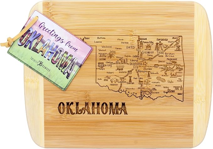 Totally Bamboo A Slice of Life Oklahoma Engraved Map Cutting Board | 11” x 8.75” charcuterie board with engraved state map artwork. Smooth reverse side for food prep. Hang tie for wall display.