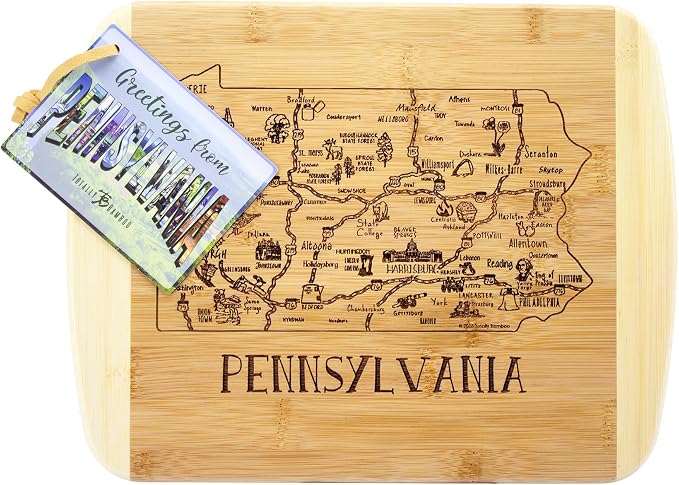 Totally Bamboo A Slice of Life Pennsylvania Engraved Map Cutting Board | 11” x 8.75” charcuterie board with engraved state map artwork. Smooth reverse side for food prep. Hang tie for wall display.