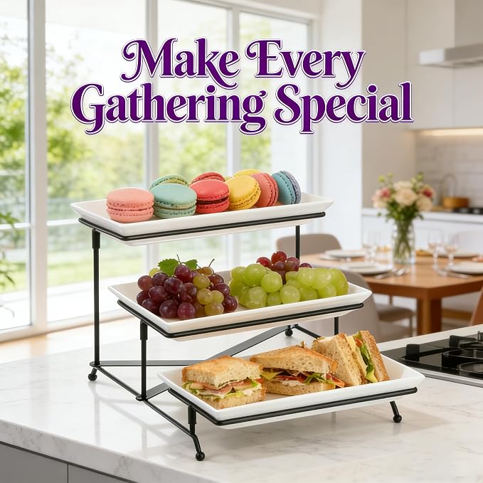 3 Tier Serving Tray, 12" White Plastic Tiered Food Serving Platters, Reusable Tray Stand Black Collapsible Metal Stand with Stable Cross Bars, Party Display Stands for Veggie Fruit, Dessert