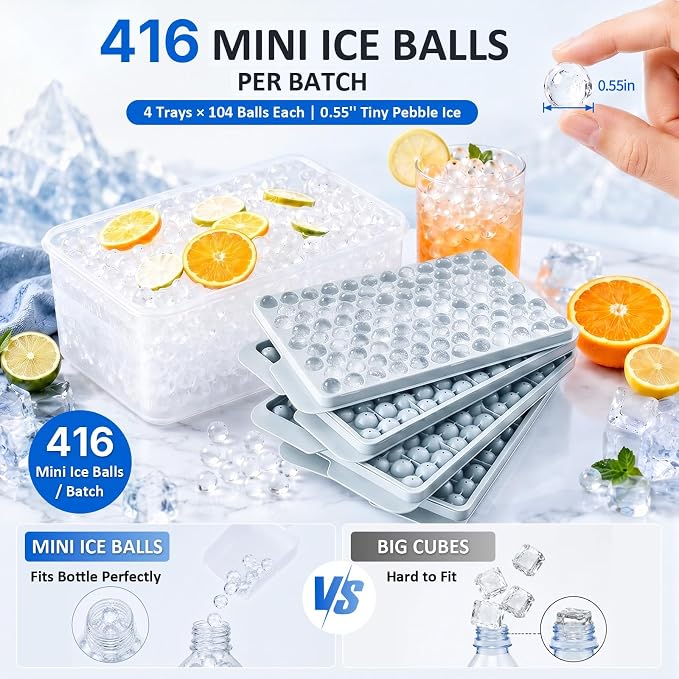 Mini Ice Cube Trays with Lid & Bin, Tiny Pebble Ice Balls for Coffee | Make 416 Mini Ice Balls with 4 Trays, Easy Release, Stackable, Scoop Included, for Iced Coffee, Drinks and Daily Use