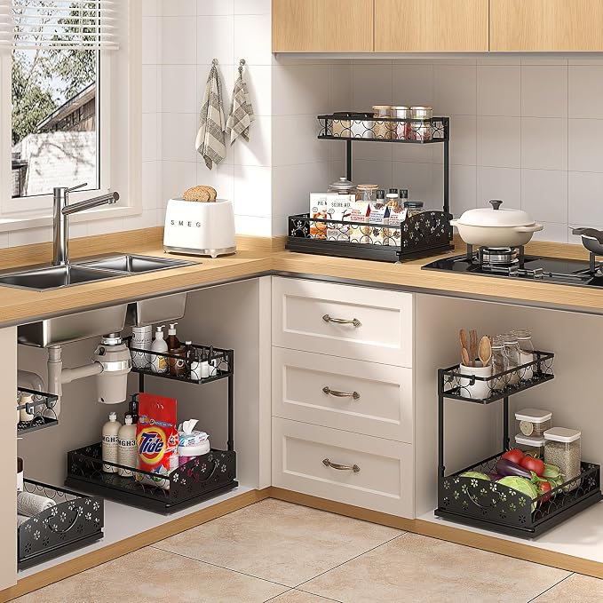 2-Pack 2-Tier Height Adjustable Under Sink Organizer & Storage | Multi-purpose storage for kitchen & bathroom cabinet. Extra Large metal shelf, height adjustable design for space-saving.