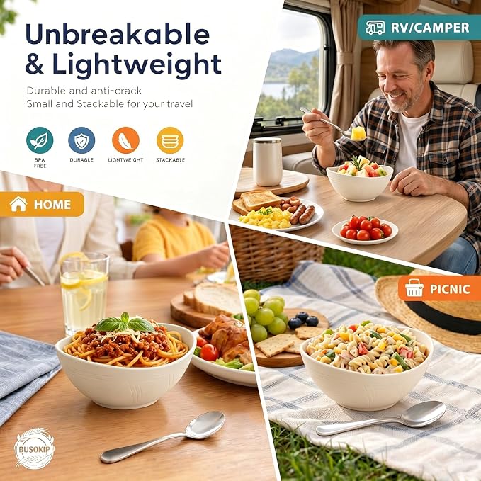 Salad Bowls 26oz, Oval Wheat Straw Bowls Sets of 6, Unbreakable Breakfast Bowls for Cereal, Soup, Rice, Fruit, Microwave Safe Plastic Bowls for Kitchen, Camping, Apartment - Beige