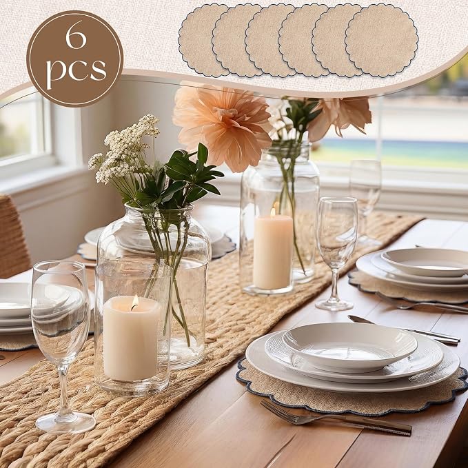 Set of 6 Linen Boho Cotton Placemats 15" Round Scalloped Blue | Double Layered Cotton Fabric, Washable Embroidery, Blue Edge Edge, Rustic Table Mats for Wedding Dining Table Decor