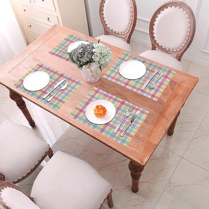 Spring Plaid Placemats Set of 4, Easter Colorful Buffalo Plaid Decorative Table Mat 12 x 18 Inch Heat Resistant Non Slip Line Fabric Place mat for Holiday Party Kitchen Dining Decor