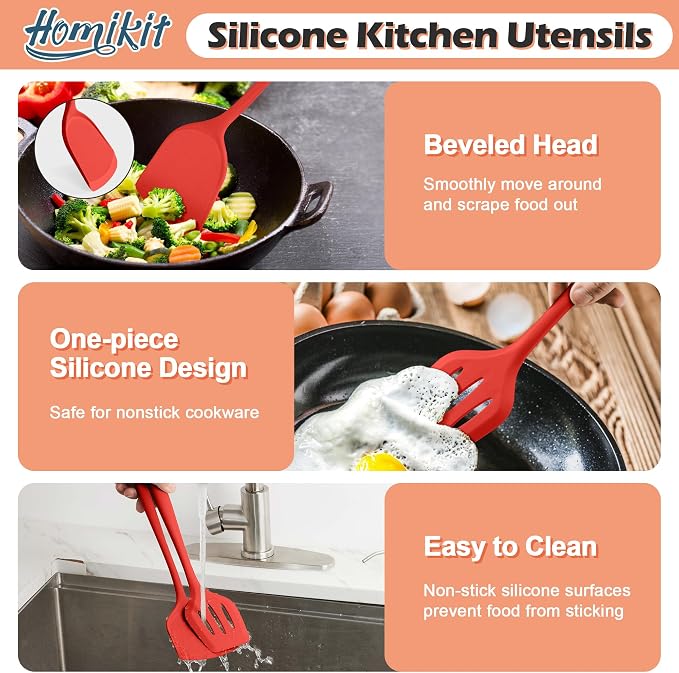 Homikit Kitchen Cooking Utensils Set, 15-Piece Silicone Spatula with Holder | Silicone Kitchen Utensil for Nonstick Cookware, 446°F Heat Resistant Spoon Turner Tong Whisk Brush for Cooking & Baking, Red