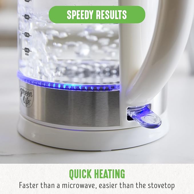 GreenLife 1.7 Liter Electric Glass Kettle, White | Glass Body, Auto Shutoff, Thermal Shock Resistant, Quick Heating, Easy One Touch Use, Cordless Serving, LED Base, Coffee/ Tea
