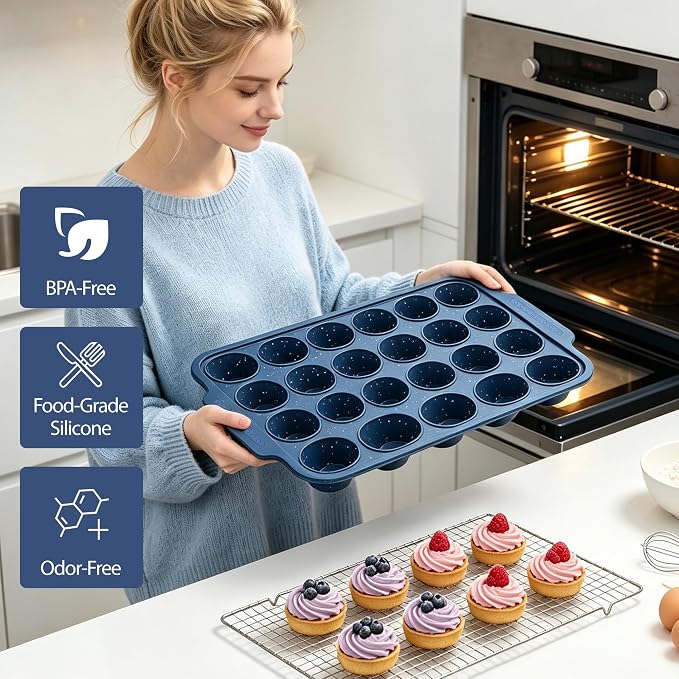 Silicone Muffin Pans for Baking with Metal Reinforced Frame | Nonstick 24-Cup Mini Size Cupcake Tray for Egg Bites, Muffins & Cupcakes, Dishwasher Safe, Titan Blue, Set of 2