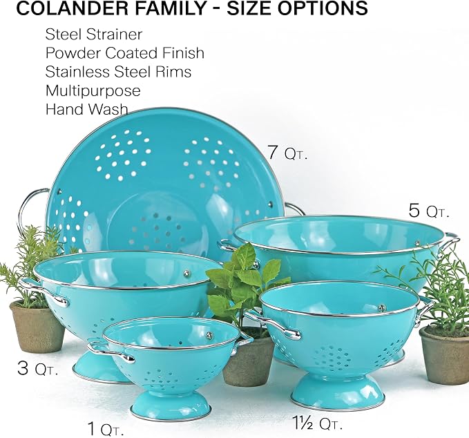Reston Lloyd, 3 Quart Powder Coated Steel Kitchen Strainer Basket for draining Pasta, Vegetable and Fruit, Chrome Handles and Wide Stable Base, Aqua-Blue