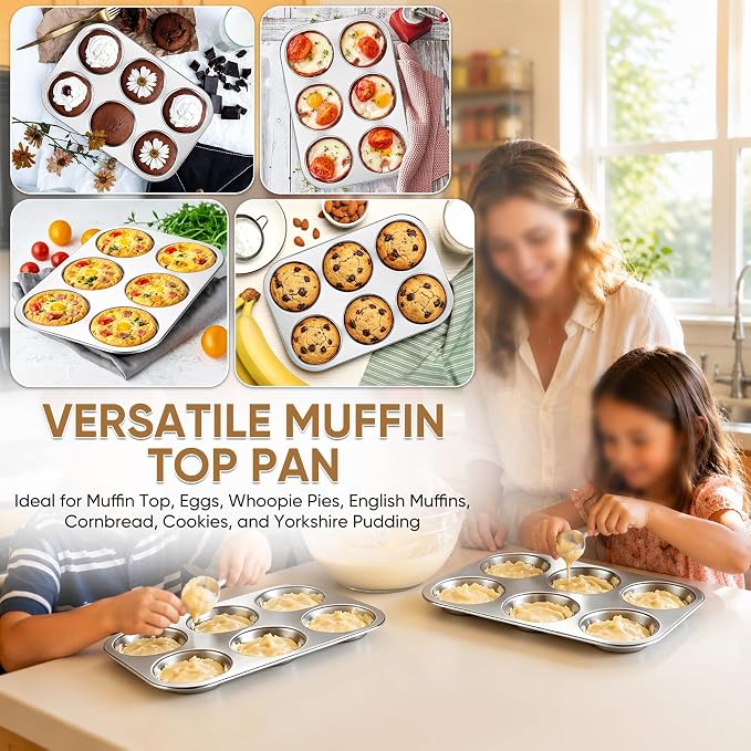 TeamFar Muffin Top Pan, 2 PCS 6 Cavity Stainless Steel Shallow Cupcake Pan | Muffin Tin for Baking Yorkshire Pudding, Whoopie Pie, Egg Bite, Hamburger Bun, Non Toxic & Dishwasher Safe