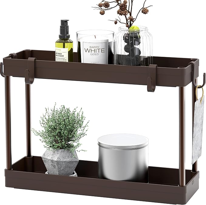 Simple Houseware 2-Tier Under Sink Organizer Storage Tray with Hooks, Brown
