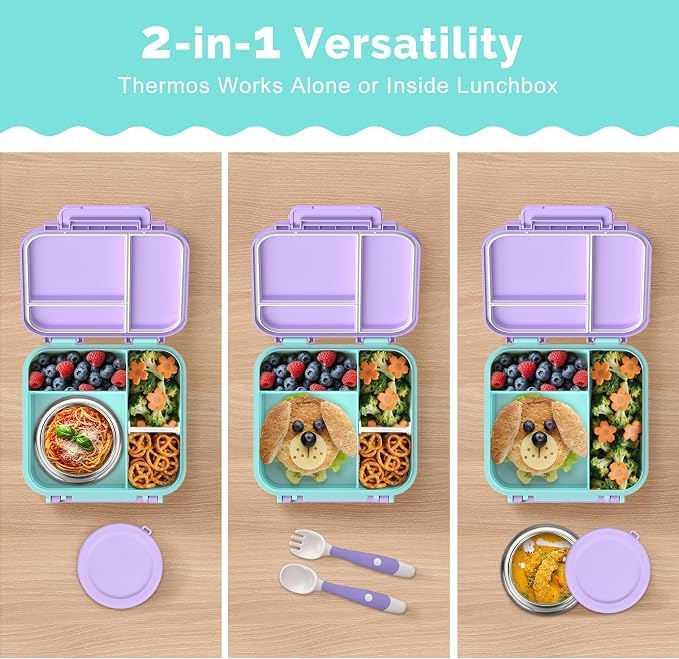 Kids Bento Lunch Box with Soup Thermo (9oz)– Hot & Cold Lunch Container with Leak Proof Insulated Food Jar for School Girls Boys, Ideal Size for Ages 3 to 7, Purple/Blue