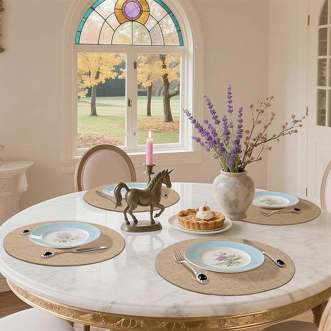Cotton Linen 15 Inch Round Cloth Place mats, Set of 8, Linen | Washable Table Mats, Heat Resistant, Reversible, Wipeable Place Mats for Indoor Outdoor