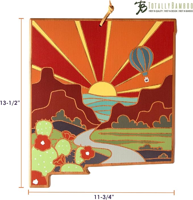 Totally Bamboo New Mexico State Shaped Cutting Board, Summer Stokes Art | State charcuterie board with colorful hand-drawn landscape art. Smooth reverse side for food prep. Hang tie for wall display.