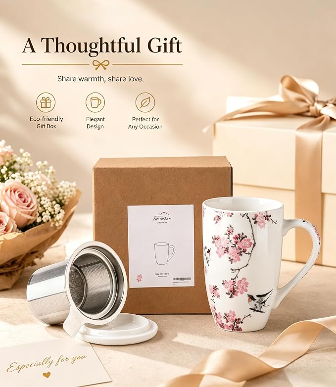 AmorArc Tea Cup With Infuser and Lid, 18oz Loose Leaf Tea Mug With Steeper | Porcelain Tea Mug With Infuser and Lid, Strainer Tea Cup for Tea Lovers, Home & Office, Housewarming Birthday Gift