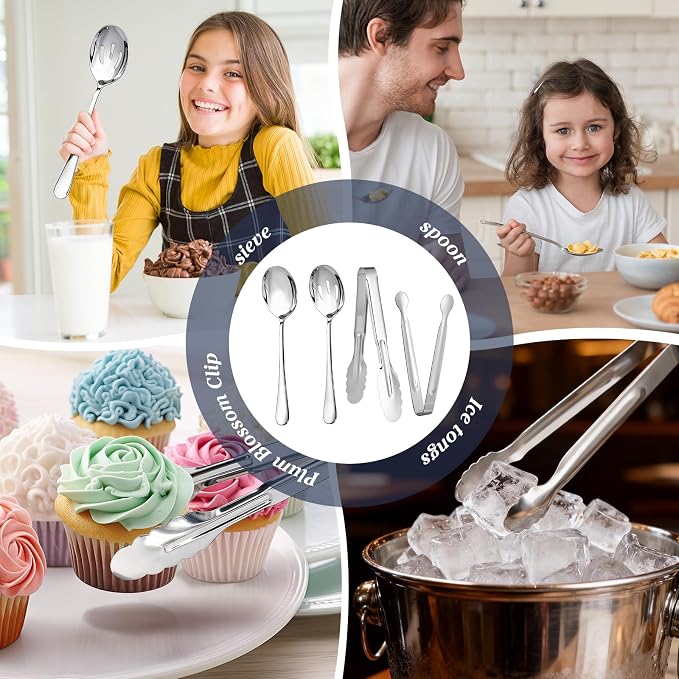 Mwellewm 18Pcs Serving Utensils Set Serving Tongs Serving Spoons for Buffet | Dishwasher Safe, Silver Stainless Steel Tableware, Metal Cutlery, for Parties Weeding Entertaining Catering Banquet Birthday