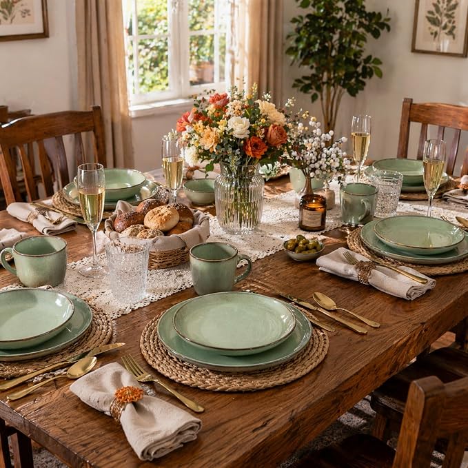 GBHOME Dinnerware Sets for 6, 24 Pieces Ceramic Plates and Bowls Set | Scratch Resistant Stoneware Dishes Set, Dishwasher & Microwave Safe, Reactive Glaze-Pastel Green