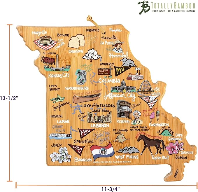 Totally Bamboo Missouri State Shaped Cutting Board, Art by Fish Kiss | State charcuterie board with colorful hand-drawn map artwork. Smooth reverse side for food prep. Hang tie for wall display.
