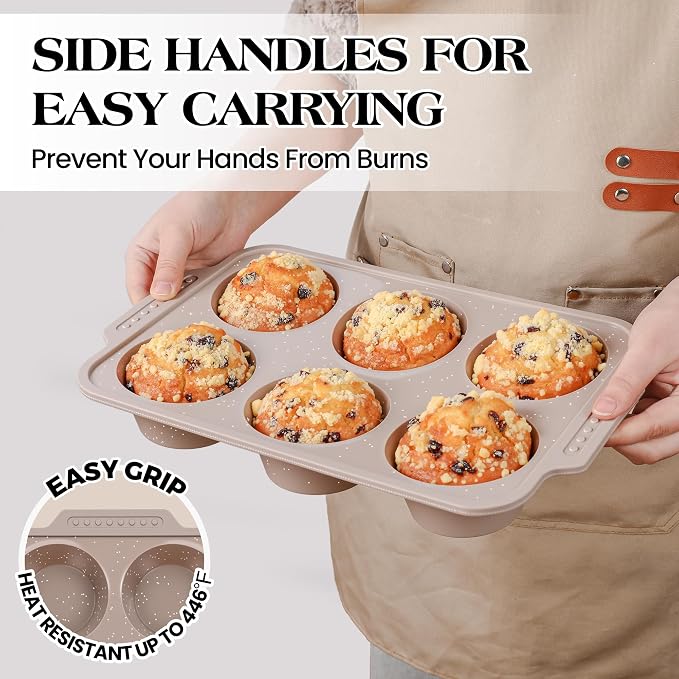 2 Pcs Silicone Jumbo Muffin Pan with Metal Frame, Non Stick Silicone Egg Molds with Handles, Round Silicone Molds for Baking for Oven, BPA Free (Brown, Cream