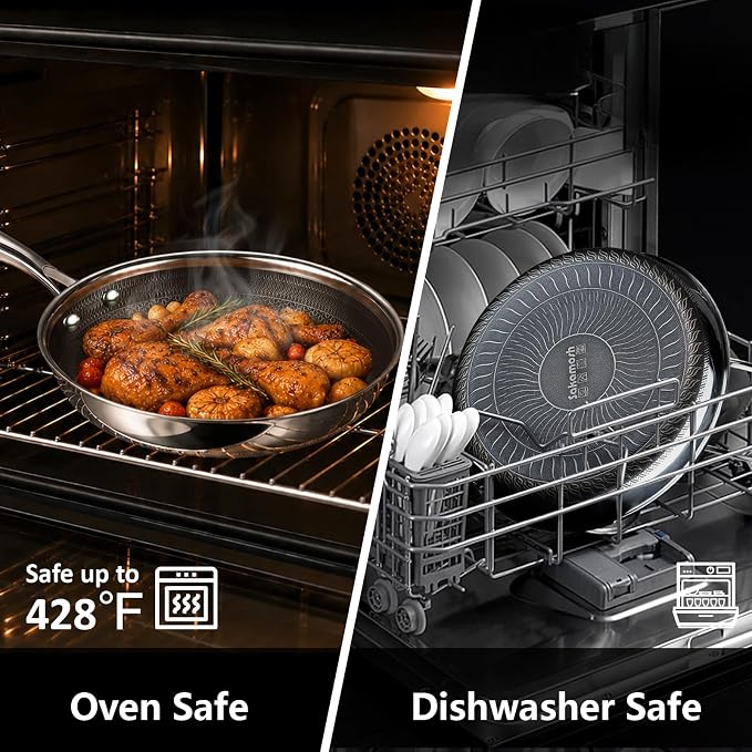 SAKAMOSH 8" 9.5" 11" Hybrid Nonstick Frying Pan Set, Stainless Steel | PFAS/PFOA/PTFE-Free Ceramic Pan, Dishwasher & Oven Safe, Skillet WithStay-Cool Handle, Compatible with All Cooktops