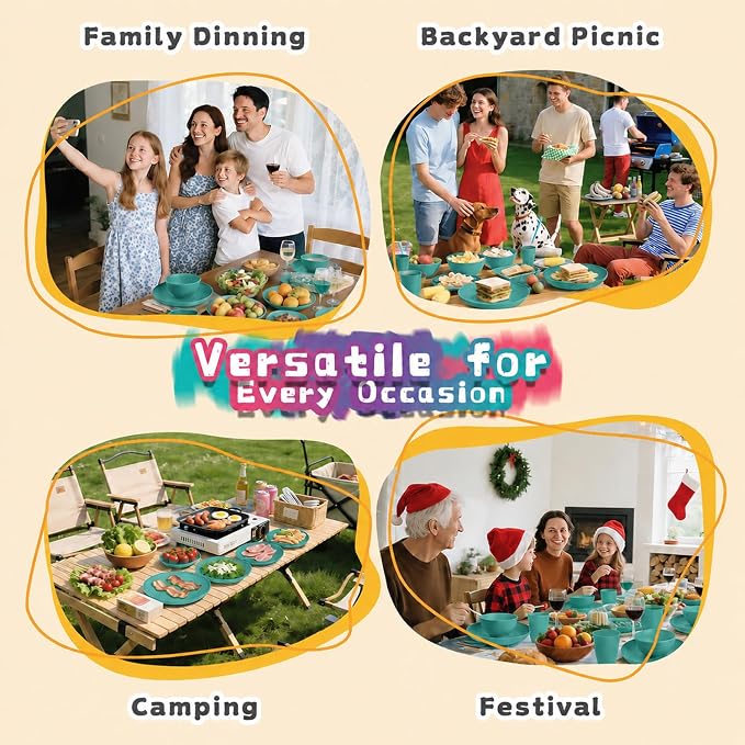 Unbreakable Wheat Straw Dinnerware Set 16 PCS - Kids Plates and Bowls Set for 4,Dishwasher & Microwave Safe Lightweight Toddler Plates and Bowls Set for Party Camping Kitchen - Green